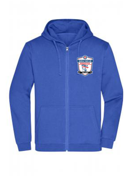 Sweatjacke "Hansa Fanclub Nordhessen" mit Kapuze & Kangurutasche - royalblau - Brustlogo & gr. Rückenlogo